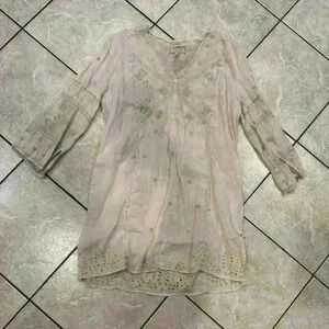 Johnny Was Workshop Linen Cotton Embroidered Tunic Dress w/side slits Size XS